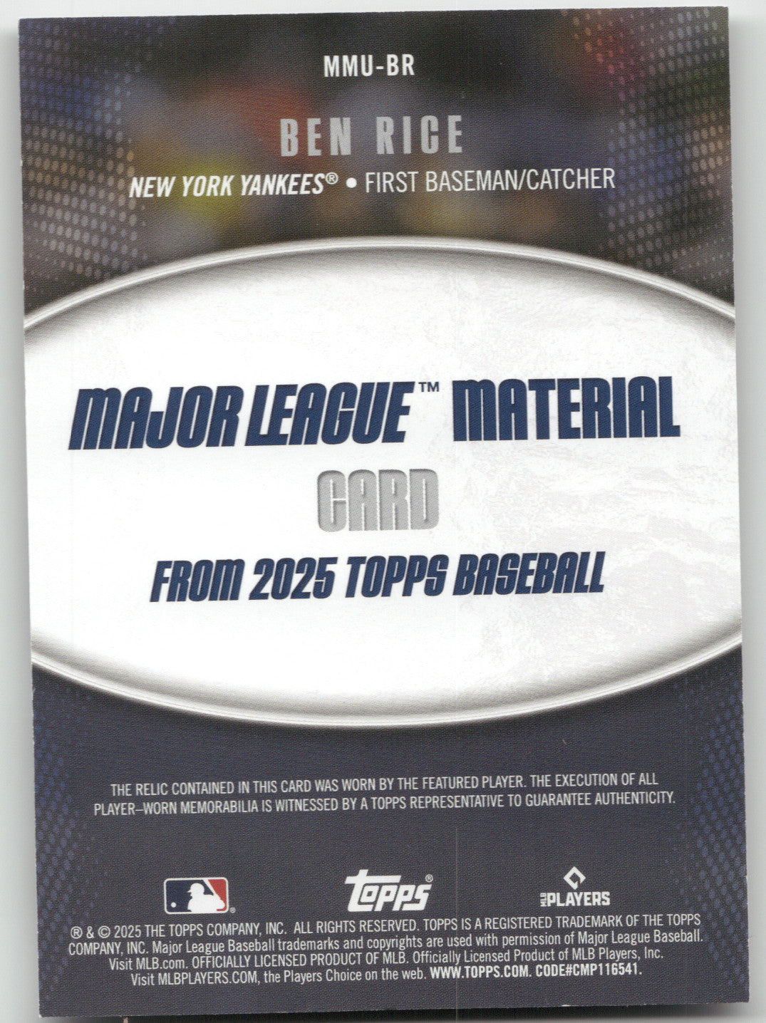 2025 Topps Major League Material Ben Rice #MMU-BR Player-Worn Memorabilia RC