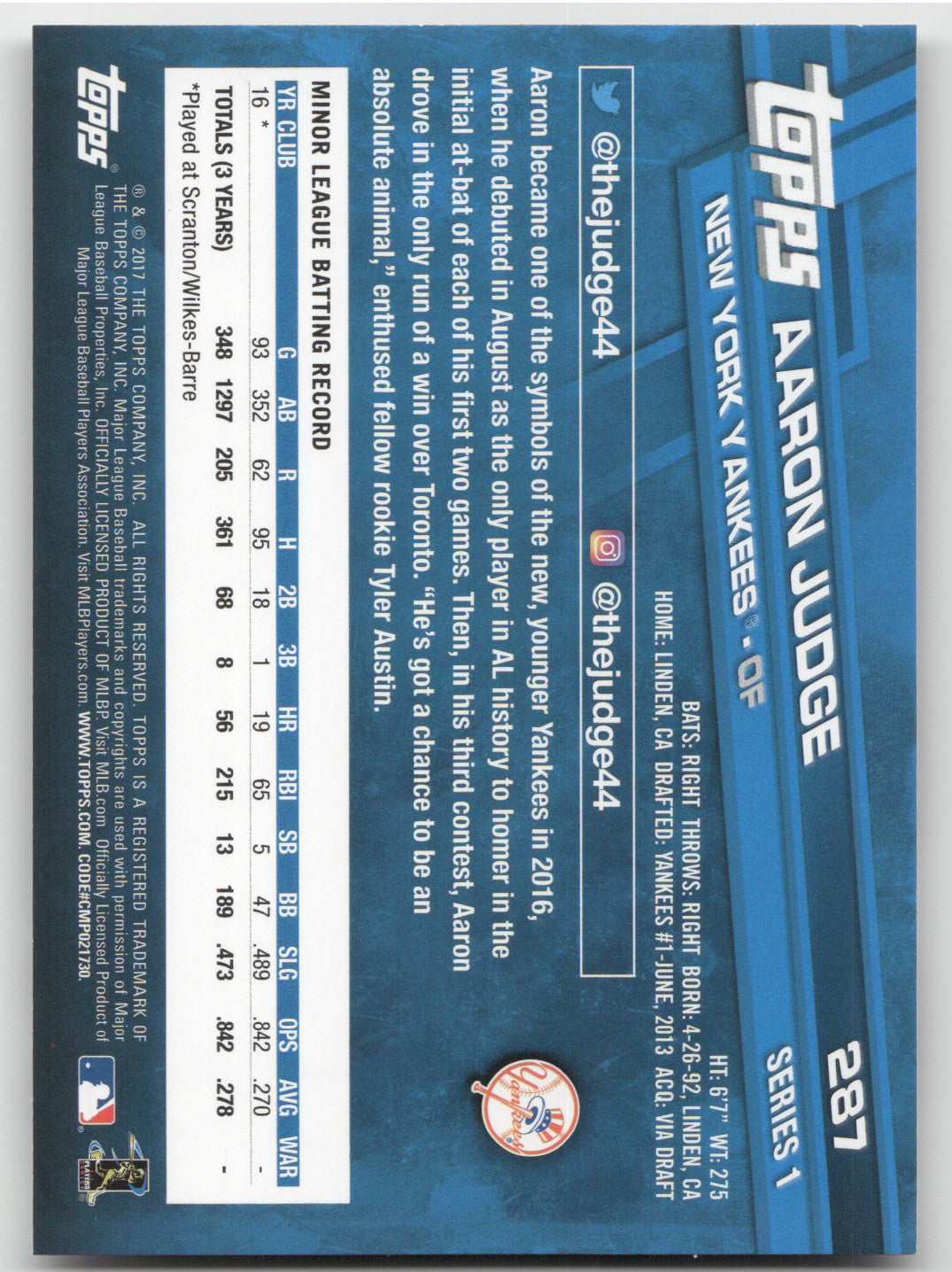 2017 Topps Series 1 Aaron Judge #287 RC