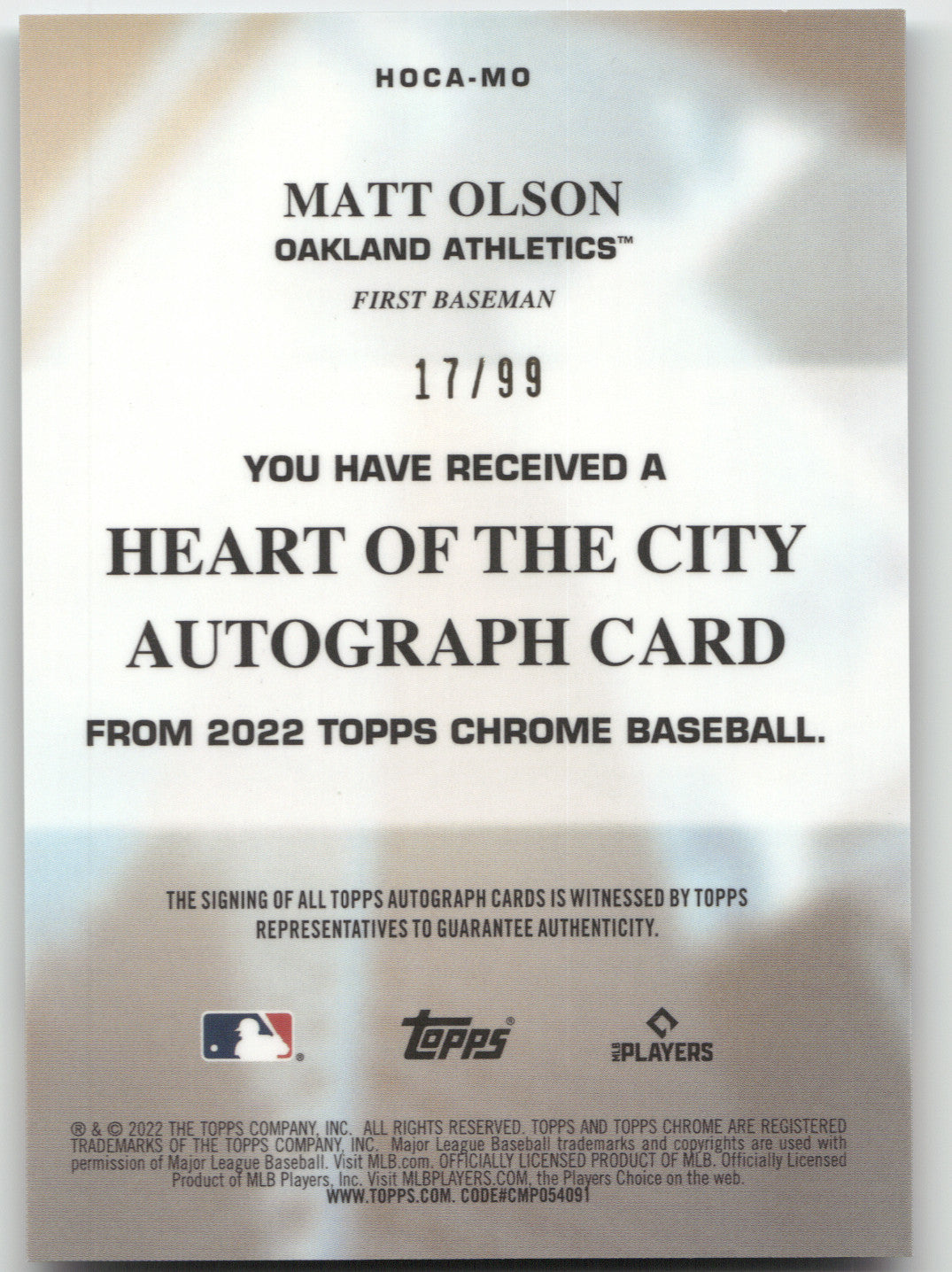 2022 Topps Chrome Heart of the City Matt Olson #HOCA-MO 17/99