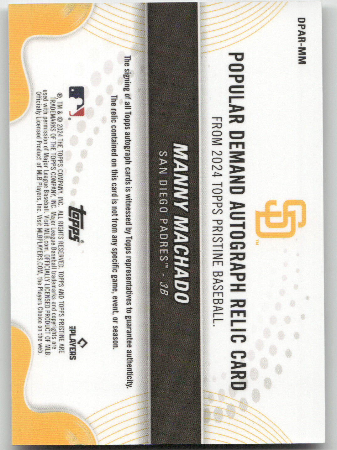 2024 Topps Pristine Popular Demand Manny Machado #DPAR-MM Autograph