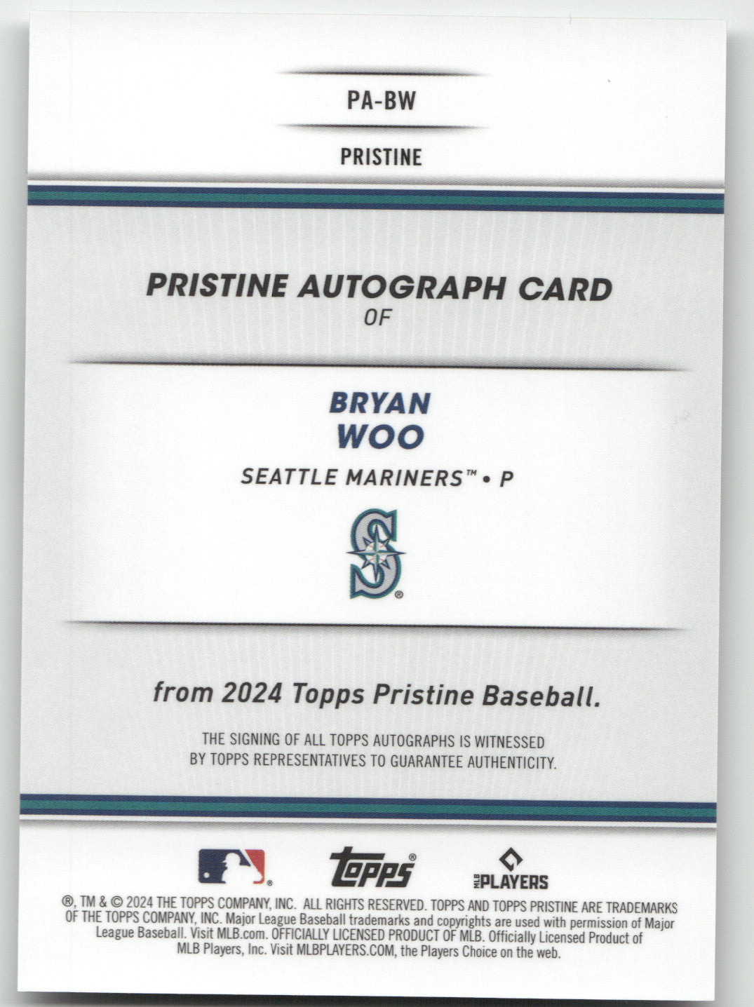 2024 Topps Pristine Bryan Woo #PA-BW Green Refractor Auto 024/150 RC