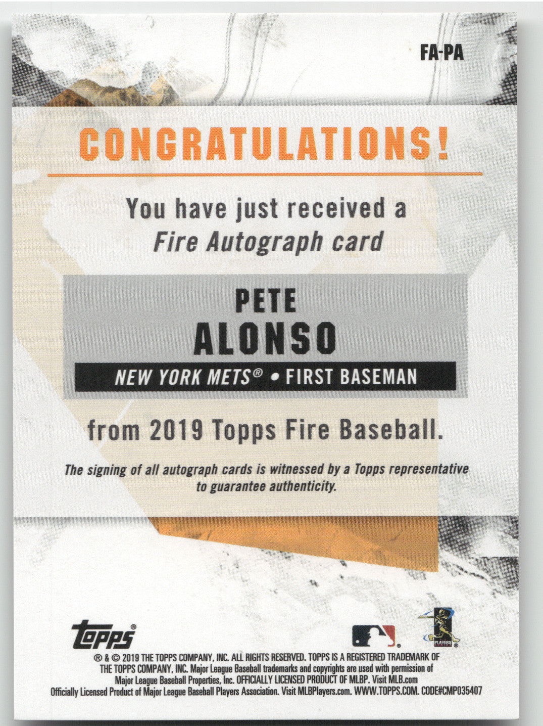 2019 Topps Fire Pete Alonso #FA-PA
