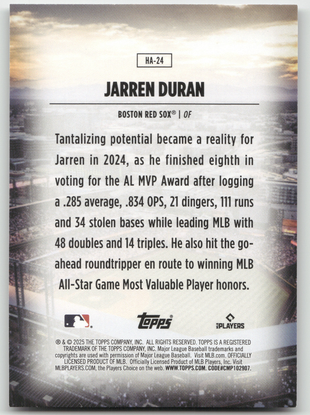 2025 Topps Home Field Advantage Jarren Duran #HA-24