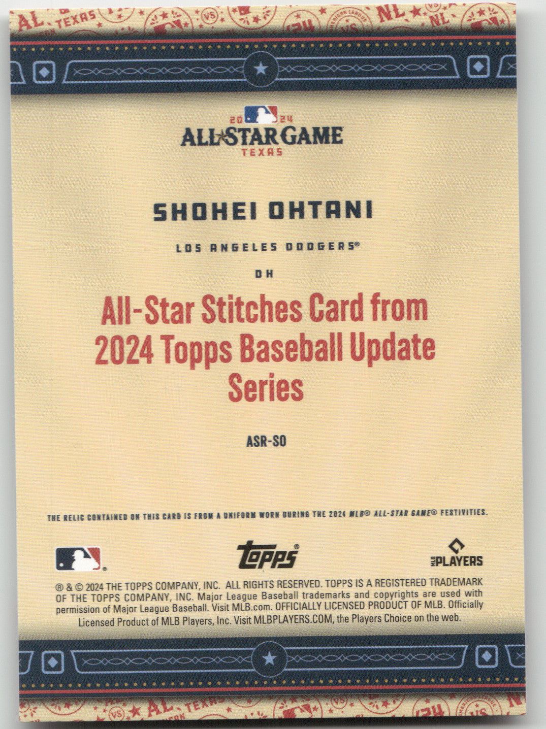 2024 Topps Baseball Update Series All-Star Shohei Ohtani Event-Worn Memorabilia