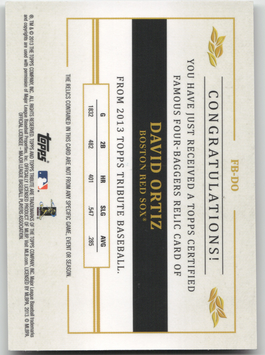 2013 Topps Tribute David Ortiz #FB-DO 64/99 Game-Used Memorabilia