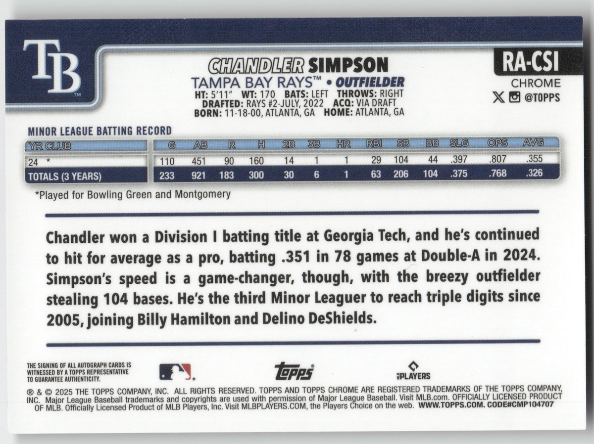 2025 Topps Chrome Chandler Simpson #RA-CSI Purple Speckle 223/299 RC