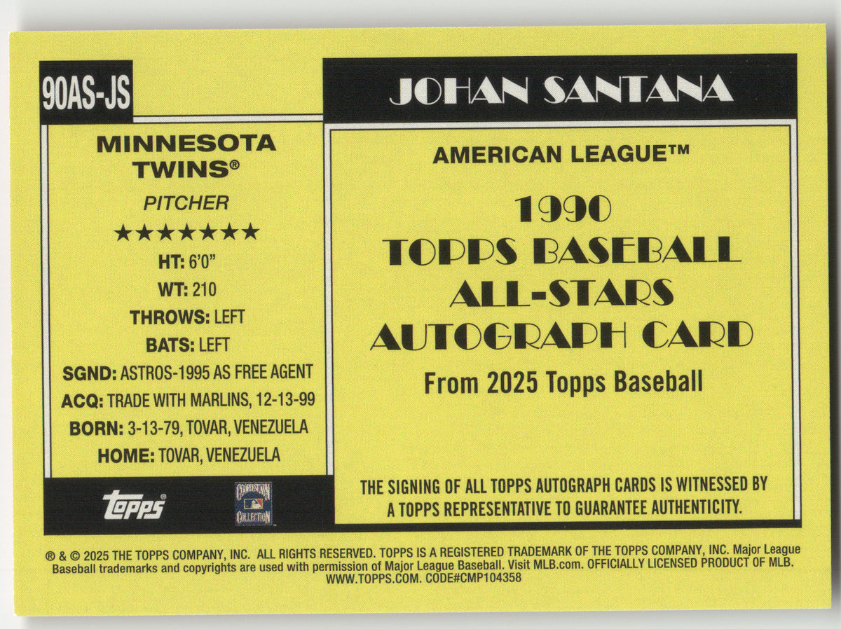 2025 Topps Baseball All-Stars Autograph Card Johan Santana #90AS-JS 16/50