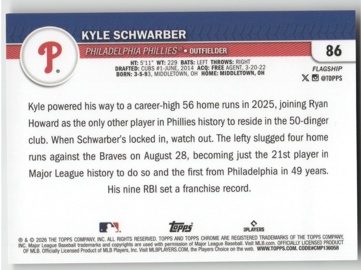 2026 Topps Chrome Kyle Schwarber #86 Gold Refractor 33/50