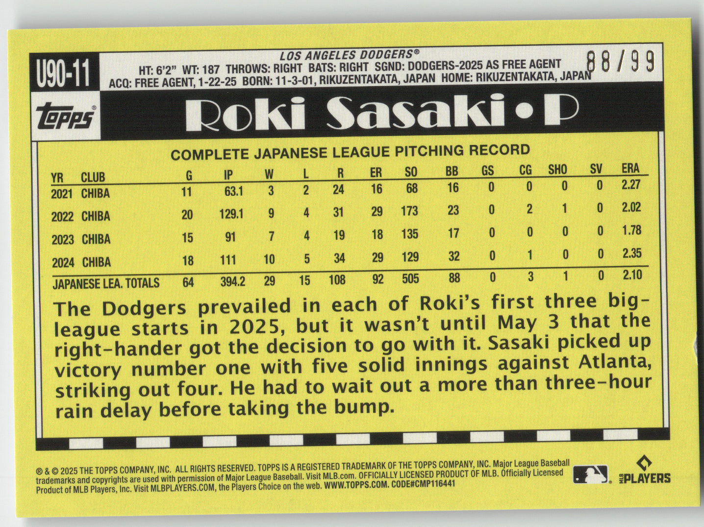 2025 Topps Roki Sasaki #U90-11 1990 Green RC 88/99
