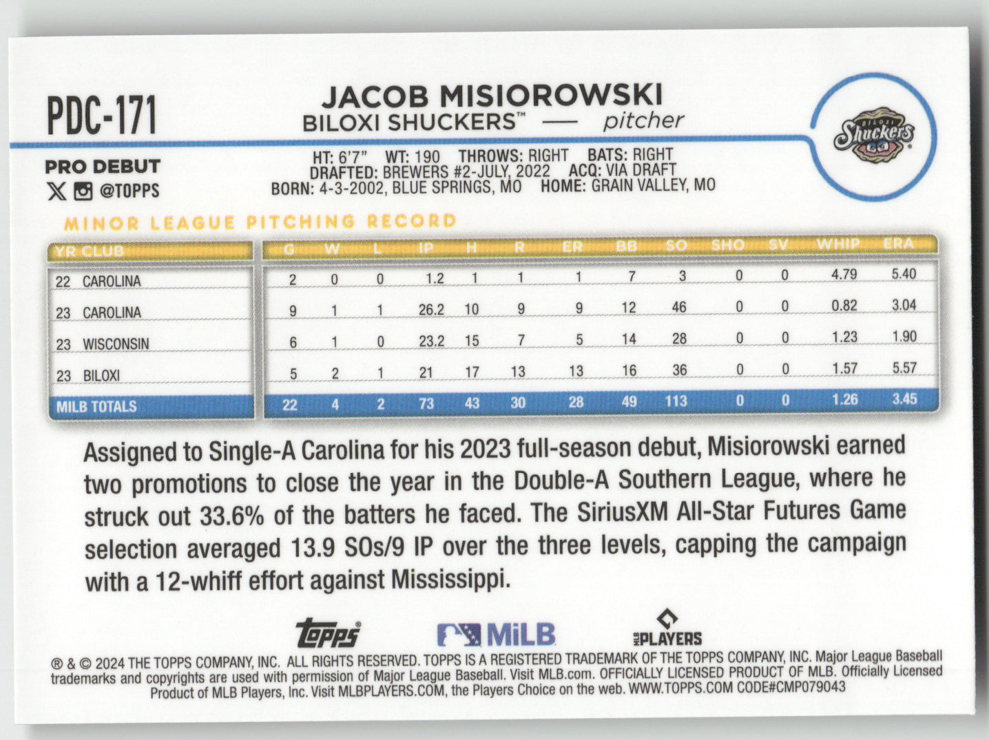 2024 Topps Chrome Pro Debut Jacob Misiorowski #PDC-171 Refractor