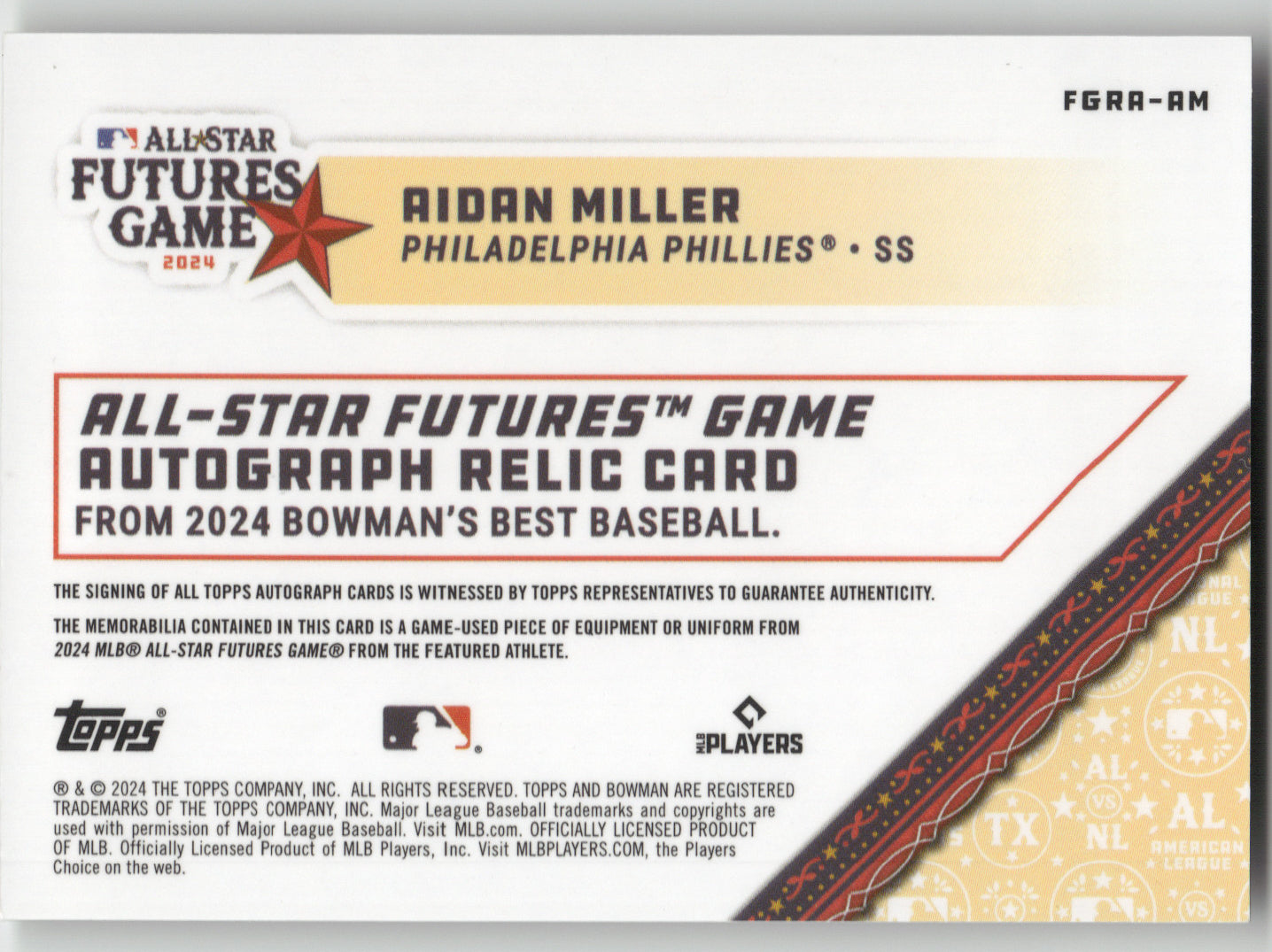2024 Topps Bowman's Best Aidan Miller #FGRA-AM Autograph Relic Card 073/500