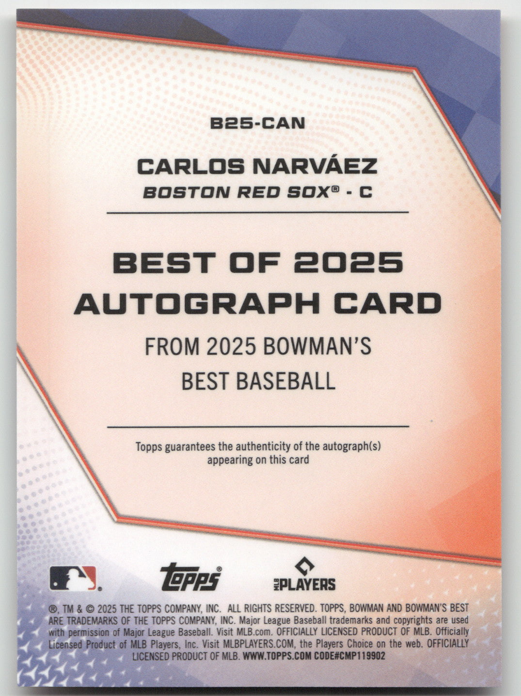 2025 Bowman's Best Carlos Narváez #B25-CAN Orange Checker RC 18/25