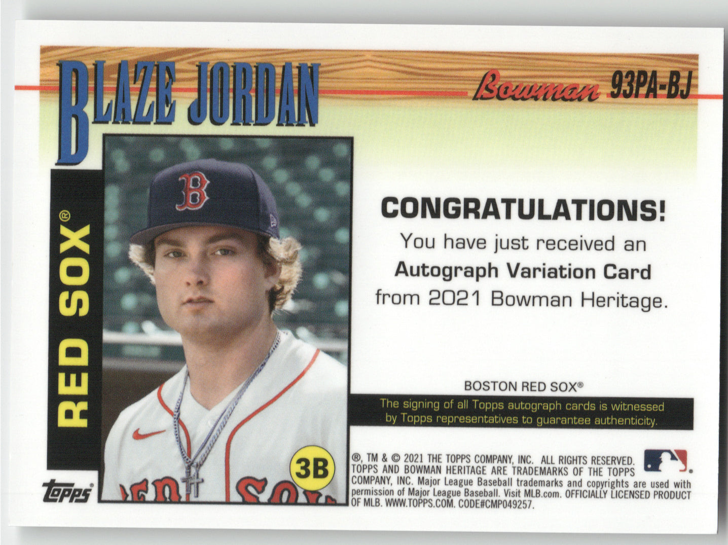 2021 Bowman Heritage Blaze Jordan #93PA-BJ Autograph Variation