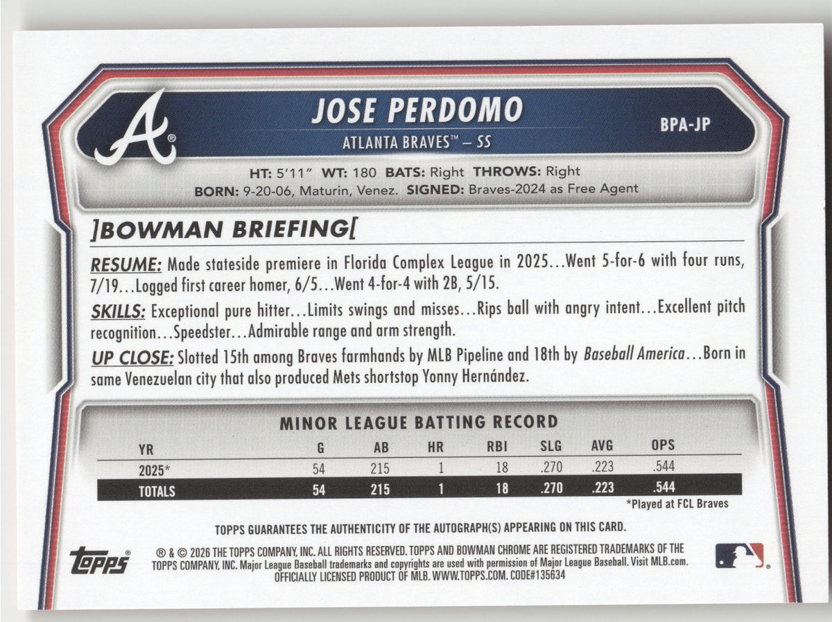 2026 Bowman Jose Perdomo #BPA-JP Orange 05/25