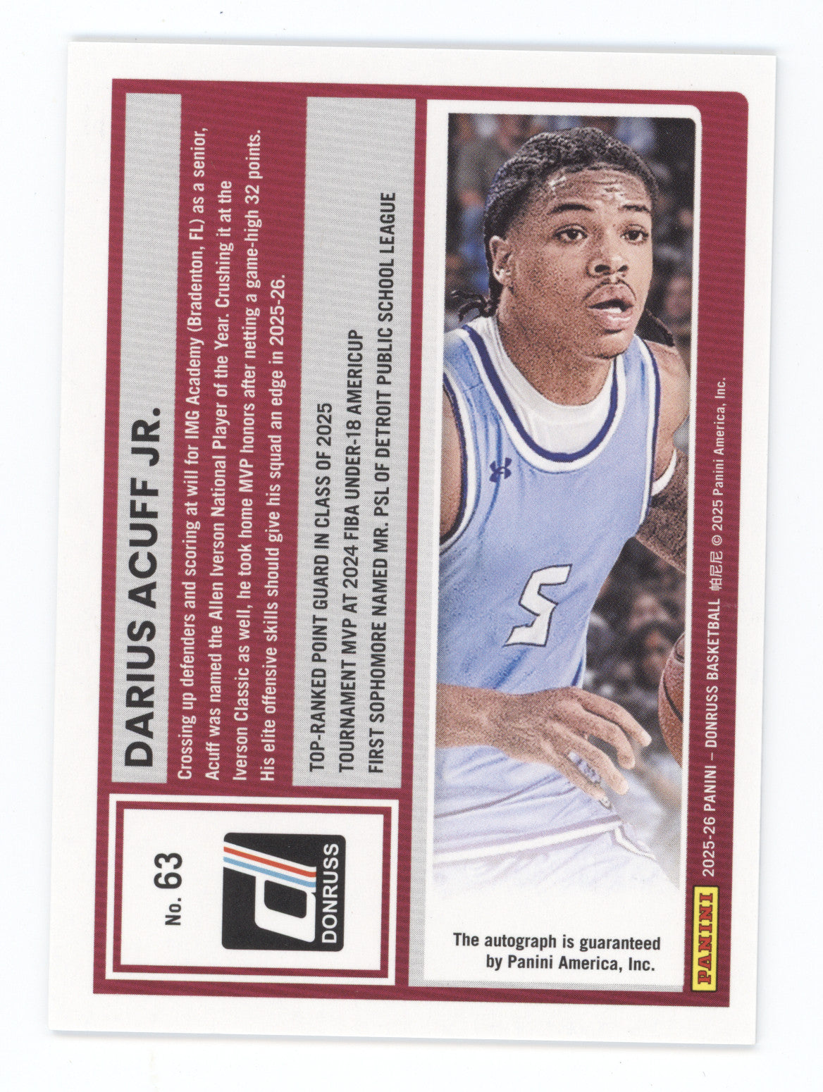 2025 Panini Donruss Rated Prospect Darius Acuff Jr. #63 Autograph 72/99