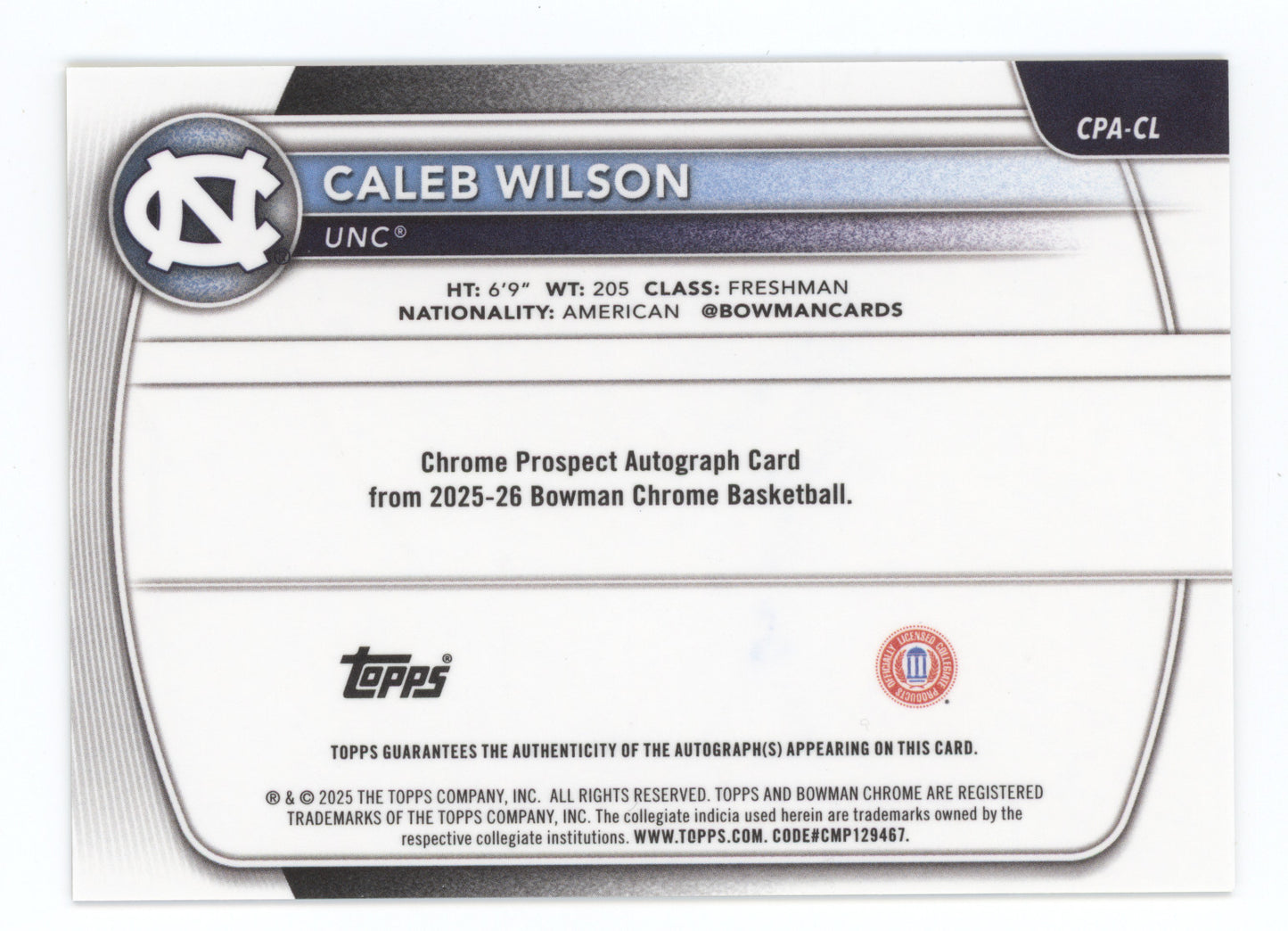 2025 Bowman Chrome U Prospect Autograph Caleb Wilson #CL Yellow Refractor 50/75