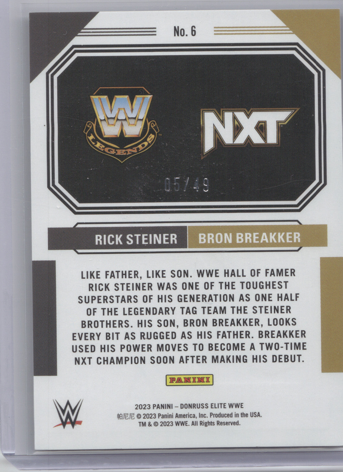 2023 Donruss Elite WWE Family Lineage Bron Breakker Rick Steiner #6 Bronze 05/49