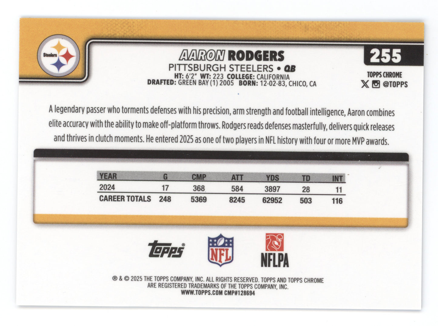2025 Topps Chrome Aaron Rodgers #255 Orange 13/25