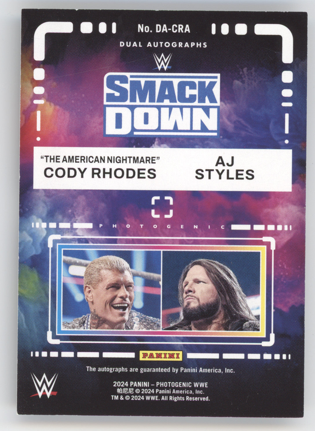 2024 Panini Photogenic WWE Cody Rhodes AJ Styles #DA-CRA 12/25 Dual Autographs