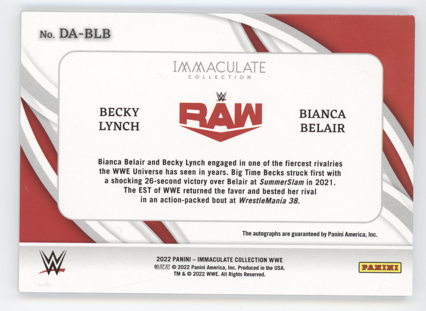 2022 Panini Immaculate WWE Dual Autograph Becky Lynch Bianca Belair #BLB 04/25