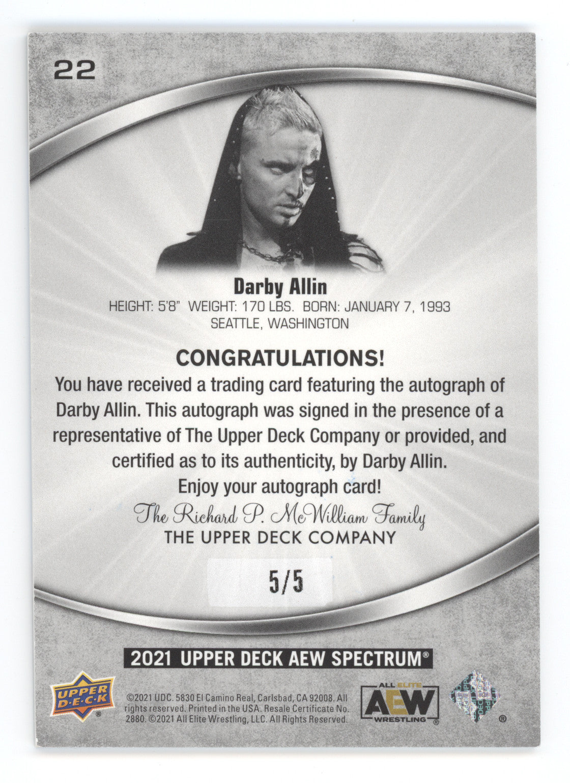 2021 Upper Deck AEW Spectrum Autographs Darby Allin #22 5/5