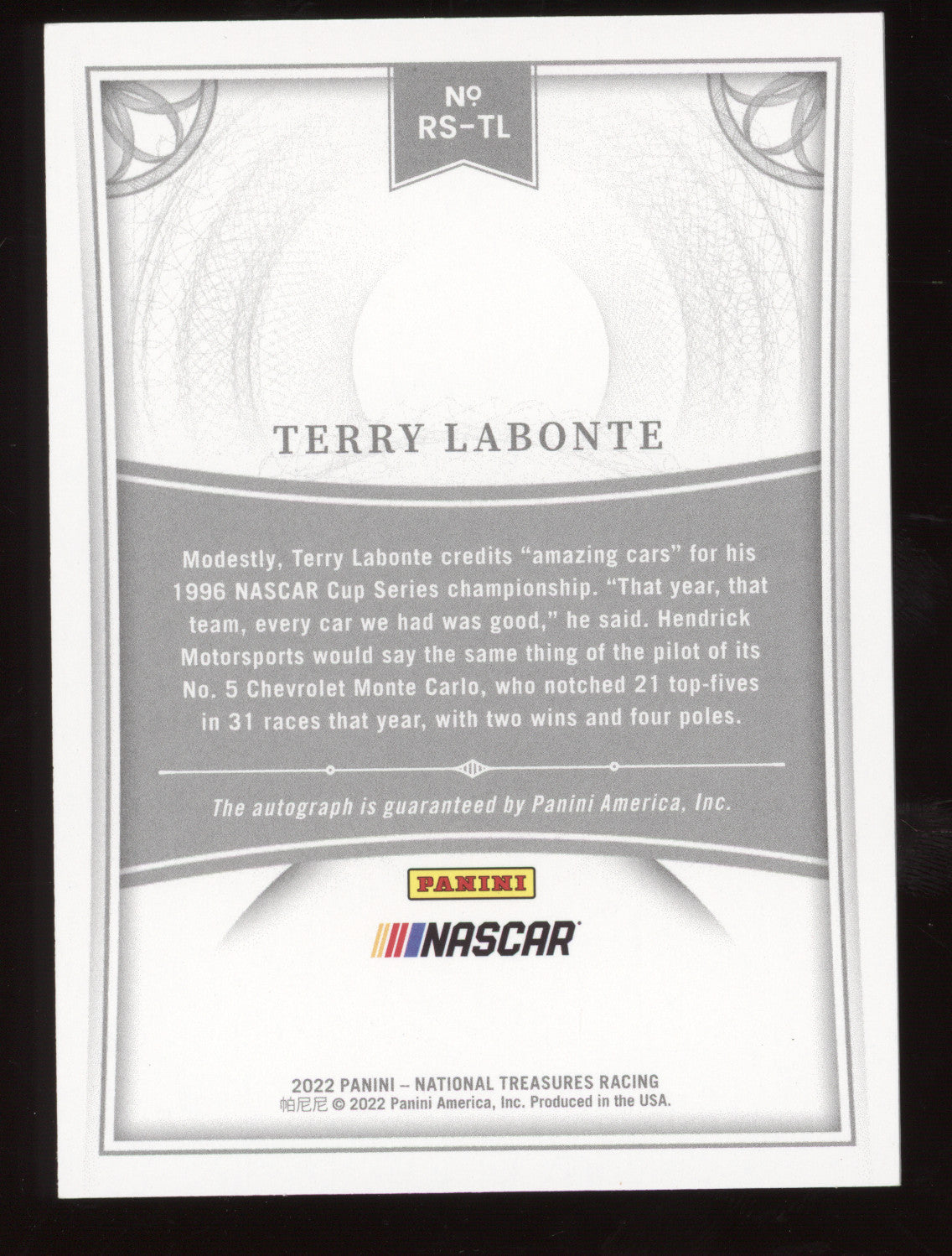 2022 Panini National Treasures Racing Retro Signatures Terry Labonte #TL 22/25