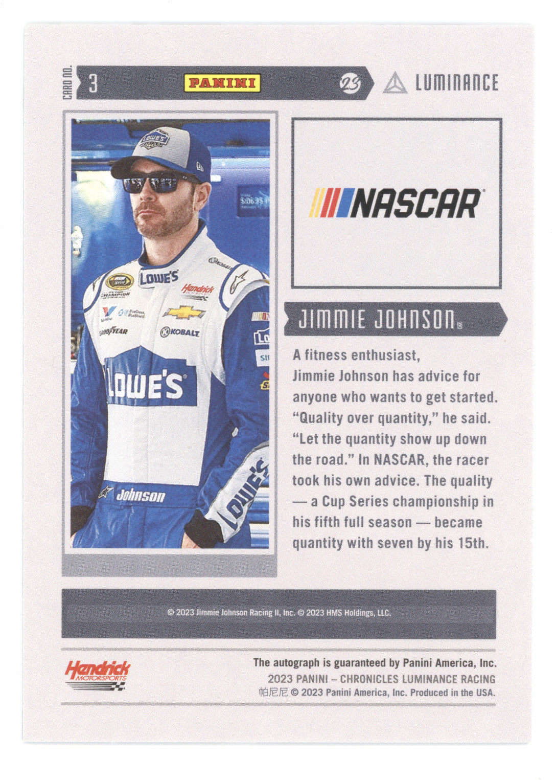 2023 Panini Chronicles Luminance Signatures Jimmie Johnson #3 Gold 08/10