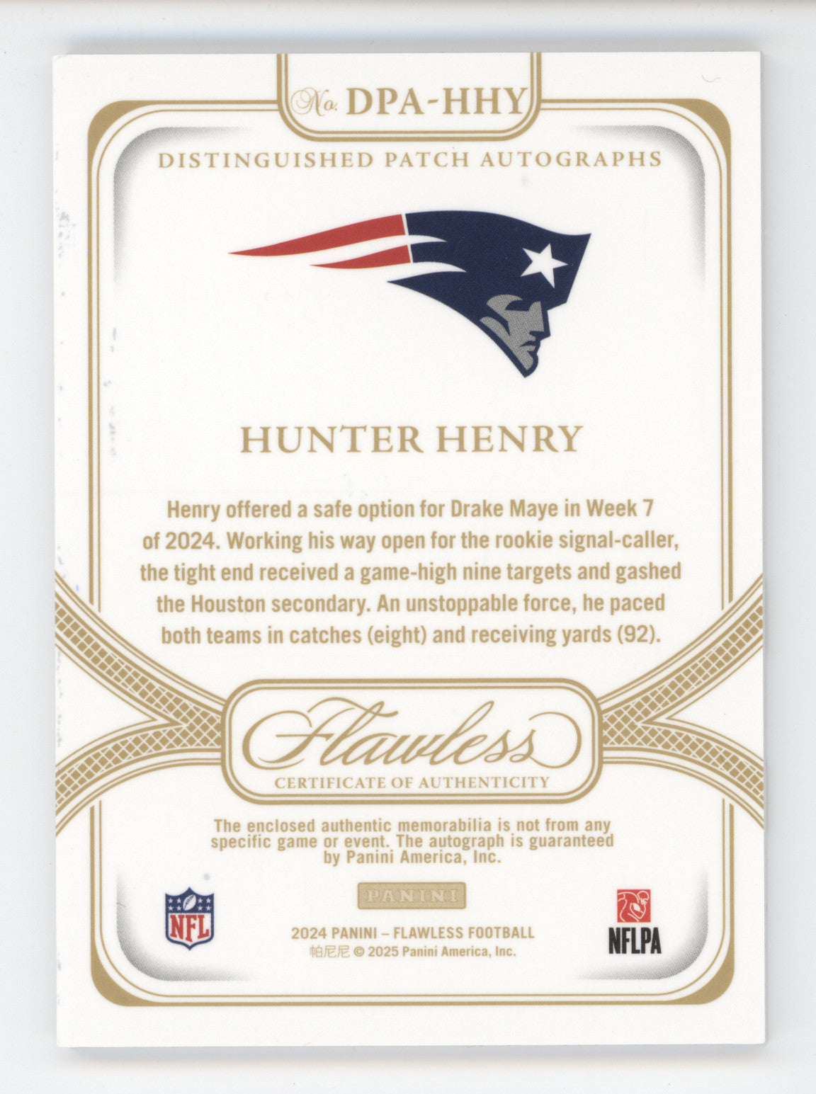 2024 Panini Flawless Hunter Henry #DPA-HHY Distinguished Patch Autograph 20/25