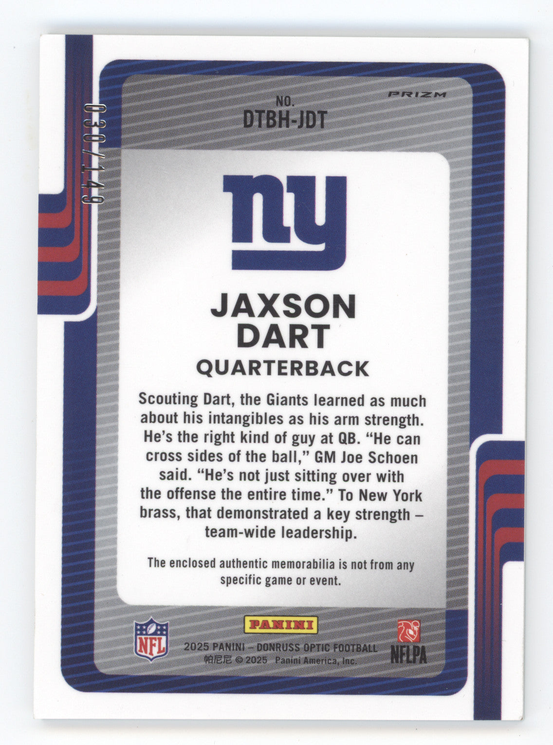 2025 Donruss Optic Threads Jaxson Dart #DTBH-JDT Green Prizm 030/149 RC