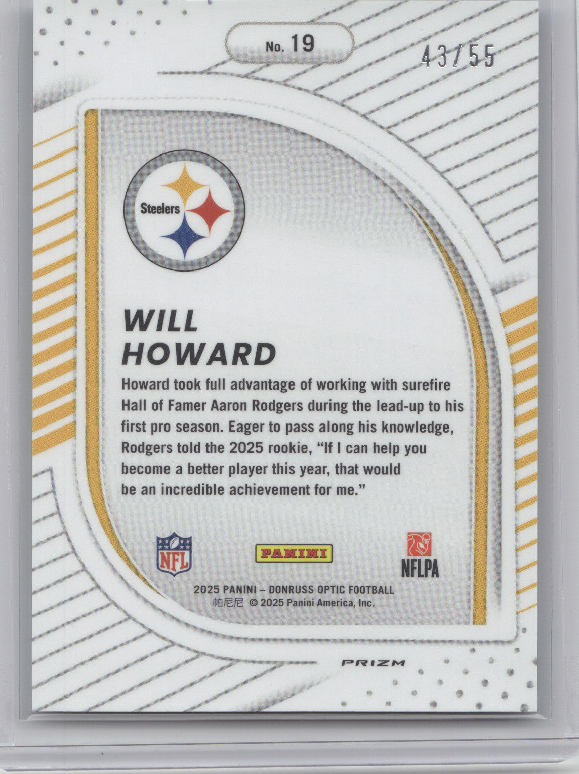 2025 Donruss Optic Football Hidden Potential Prizm Will Howard #19 Ice 43/55 RC