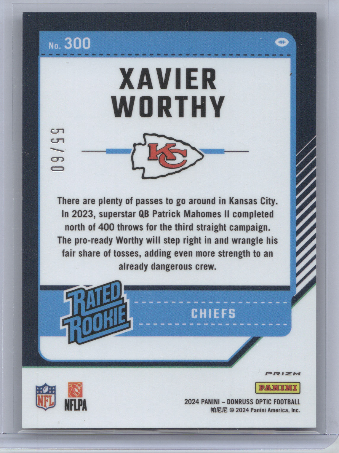 2024 Panini Donruss Optic Prizm Xavier Worthy #300 Blue 55/60