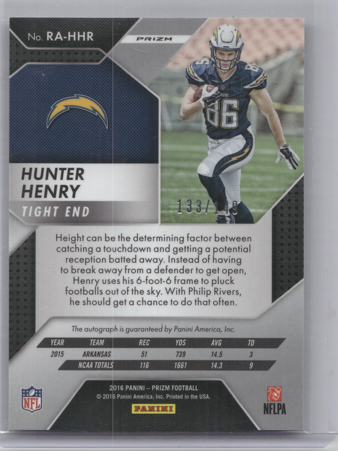 2016 Panini Prizm Rookie Autograph Hunter Henry #RA-HHR Blue Wave 133/149
