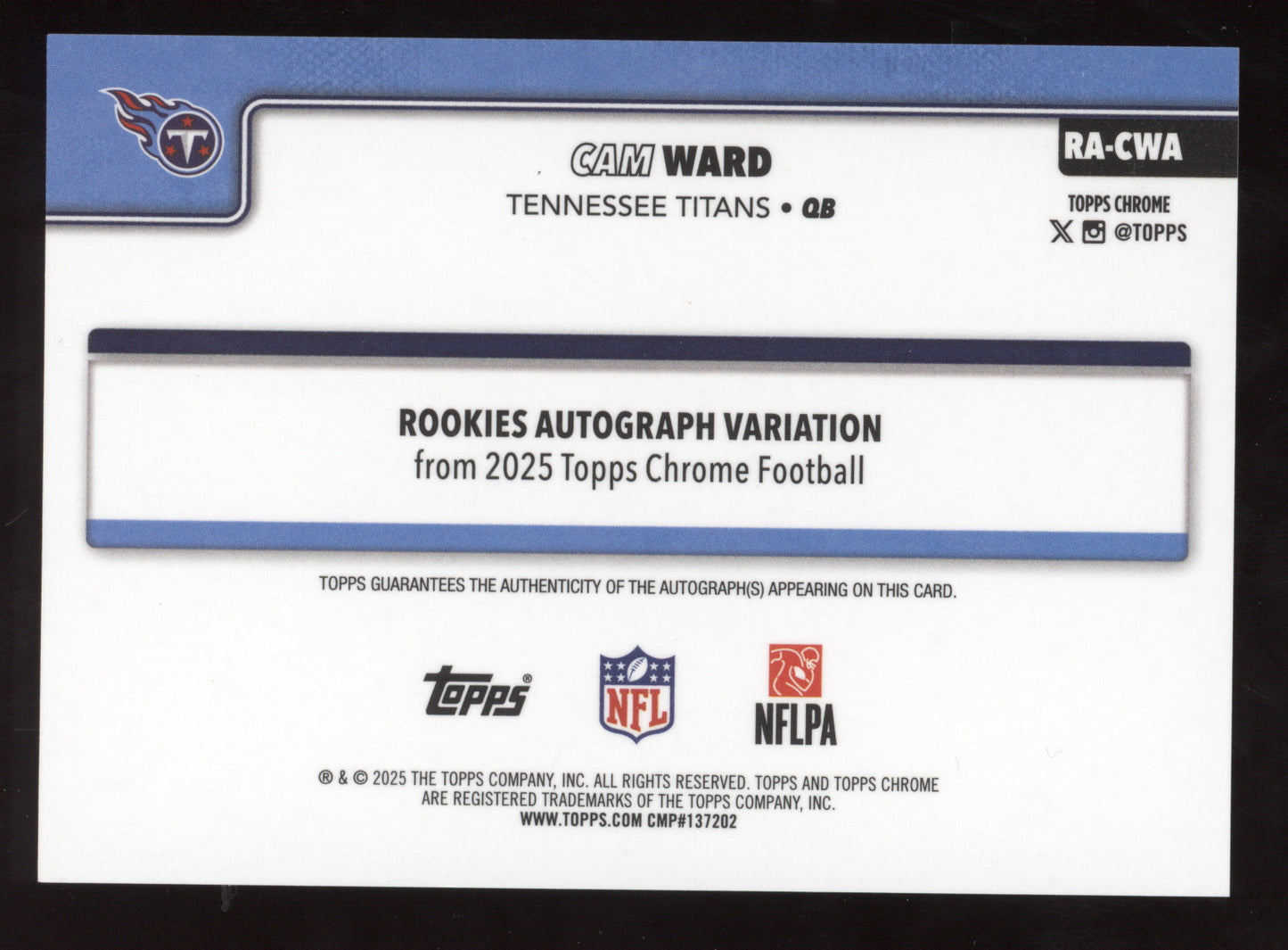 2025 Topps Chrome Rookie Autograph Cam Ward #RA-CWA RC