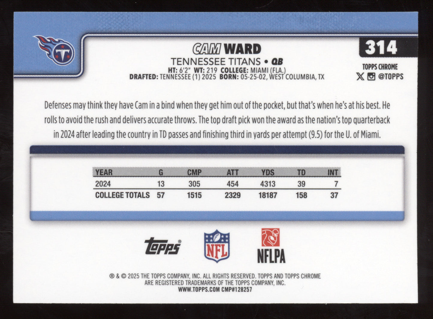 2025 Topps Chrome Cam Ward #314 Blue Geometric Refractor RC 04/150