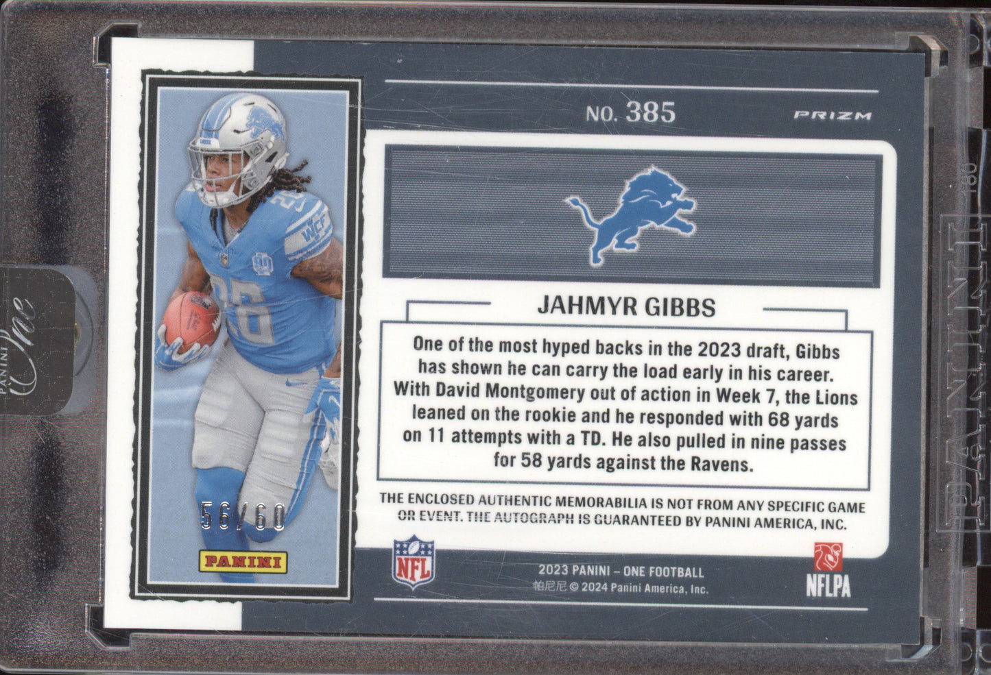 2023 Panini One Fractal Jahmyr Gibbs #385 Patch Autograph Patch RC 56/60