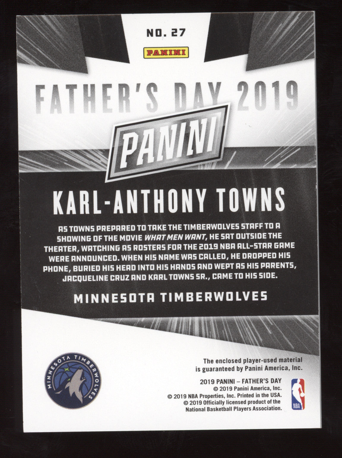 2019 Panini Father's Day Karl-Anthony Towns #27 02/25 Jersey Patch Memorabilia