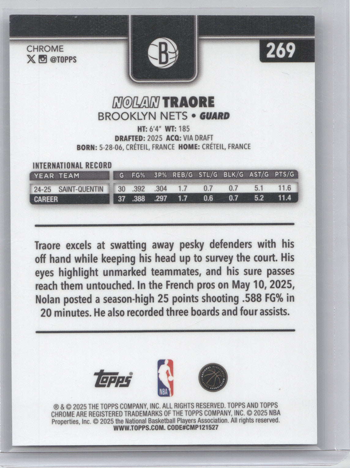 2025 Topps Chrome Basketball Nolan Traore #269 Green Image Variation 53/99 RC