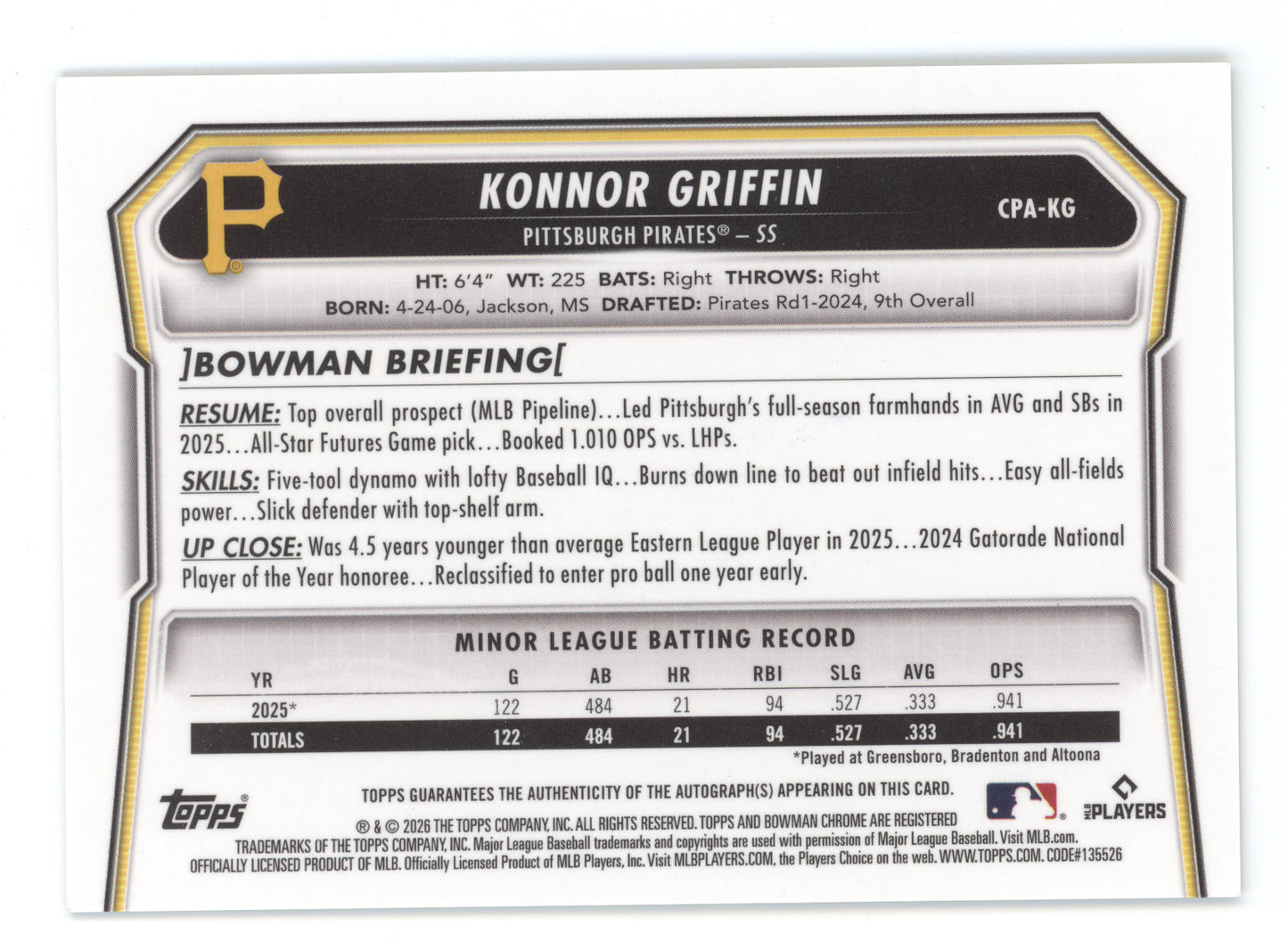 2026 Bowman Chrome Prospect Autographs Konnor Griffin #CPA-KG Green Ref. 56/99