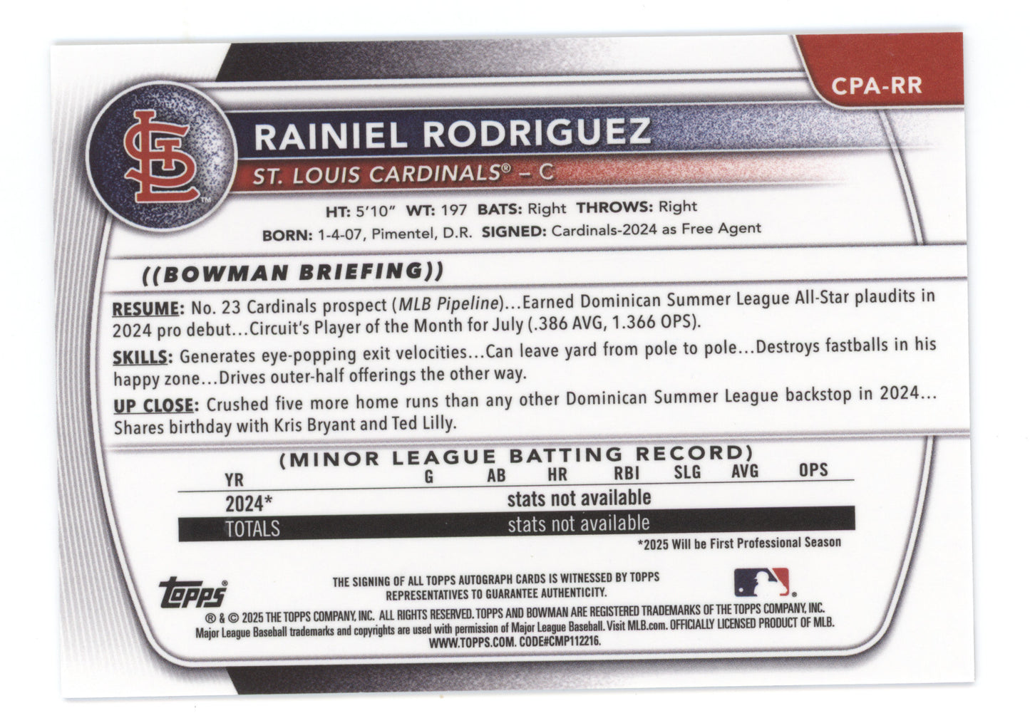 2025 Bowman Chrome Prospect Autographs Rainiel Rodriguez #CPA-RR 1st Bowman
