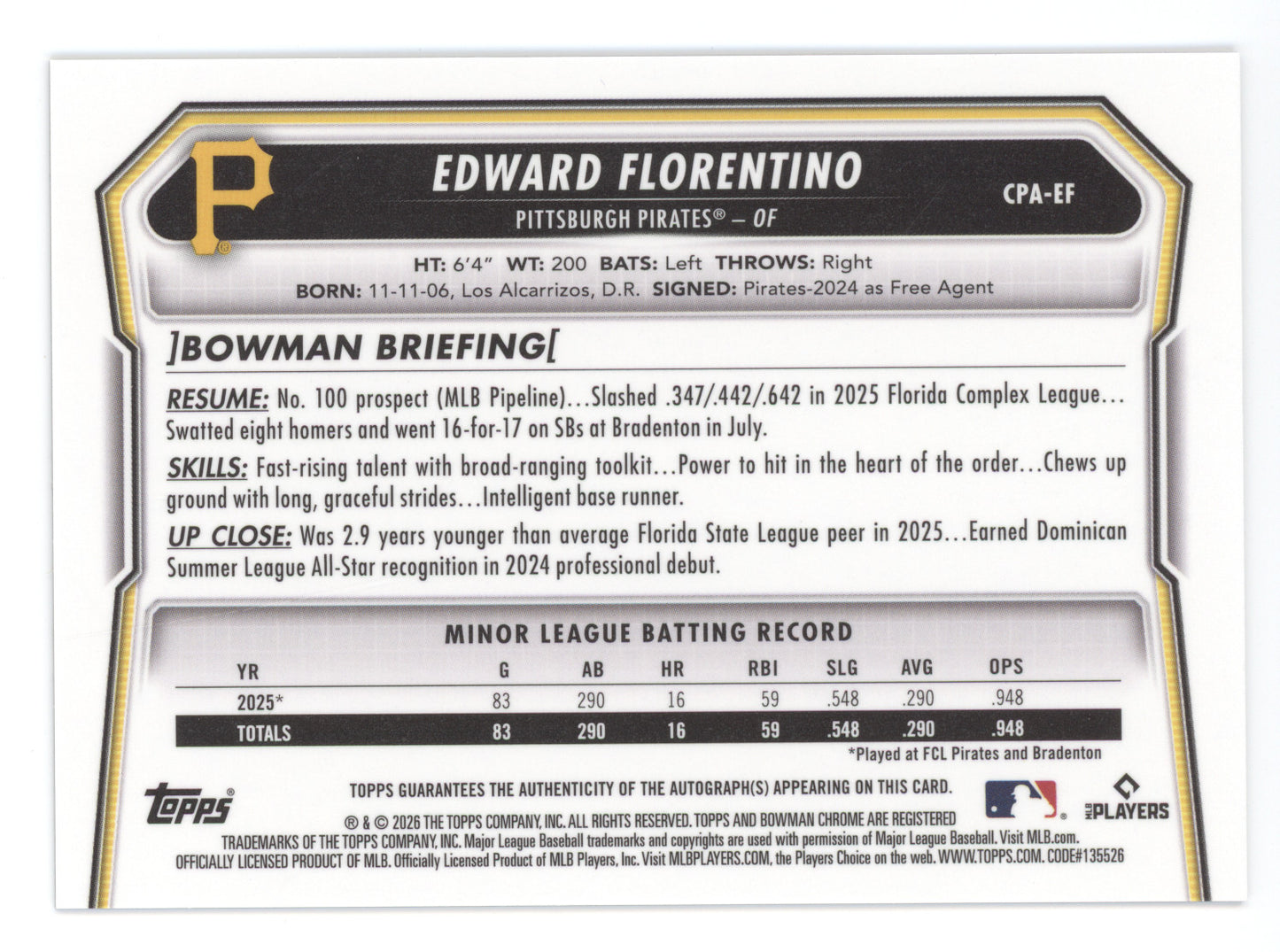 2026 Bowman Chrome Prospect Autographs Edward Florentino #CPA-EF 1st Bowman