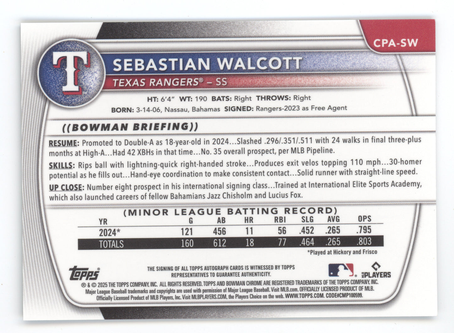 2025 Bowman Chrome Prospect Autographs Sebastian Walcott #SW Green Grass 38/99