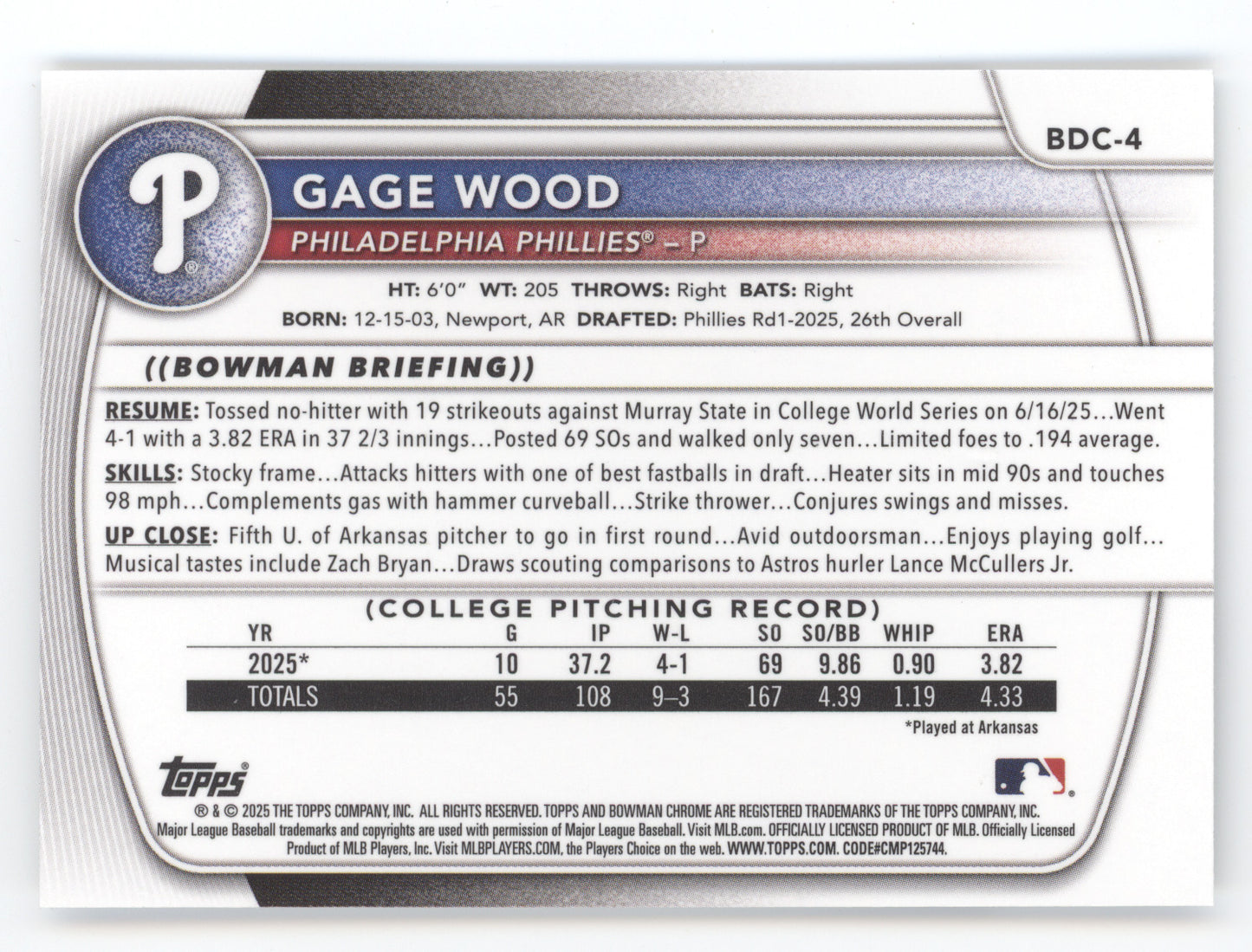 2025 Bowman Chrome Gage Wood #BDC-4