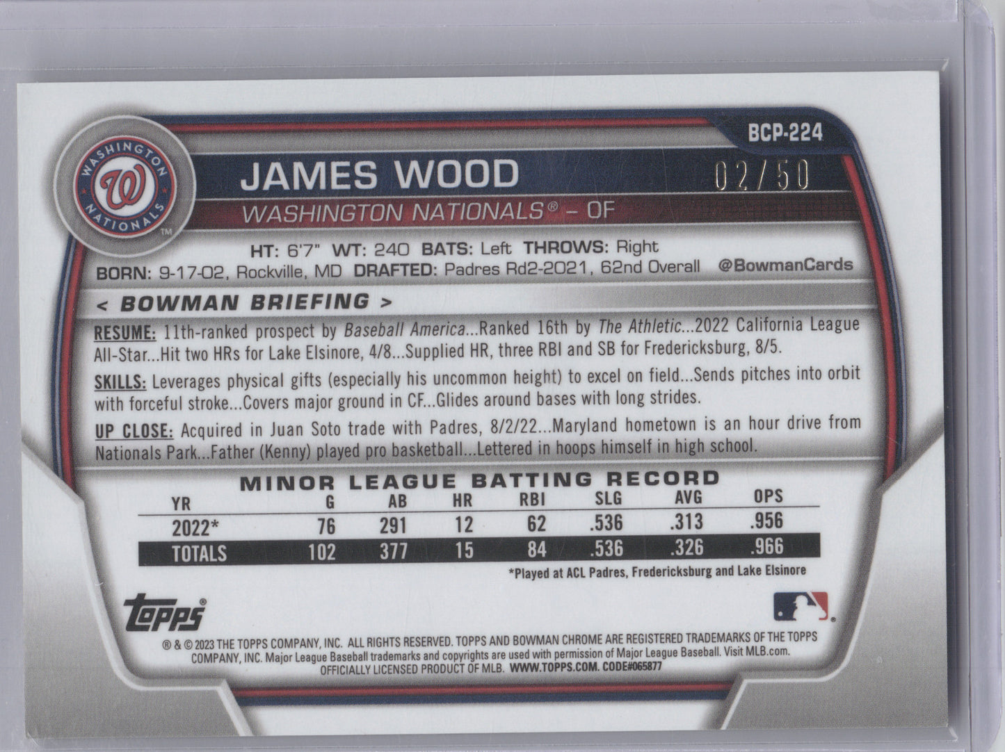 2023 Bowman Chrome James Wood #BCP-224 Gold Refractor 02/50