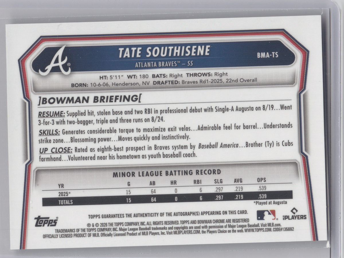 2026 Bowman Chrome Prospect Autograph Tate Southisene #BMATS Purple Mojo 187/199
