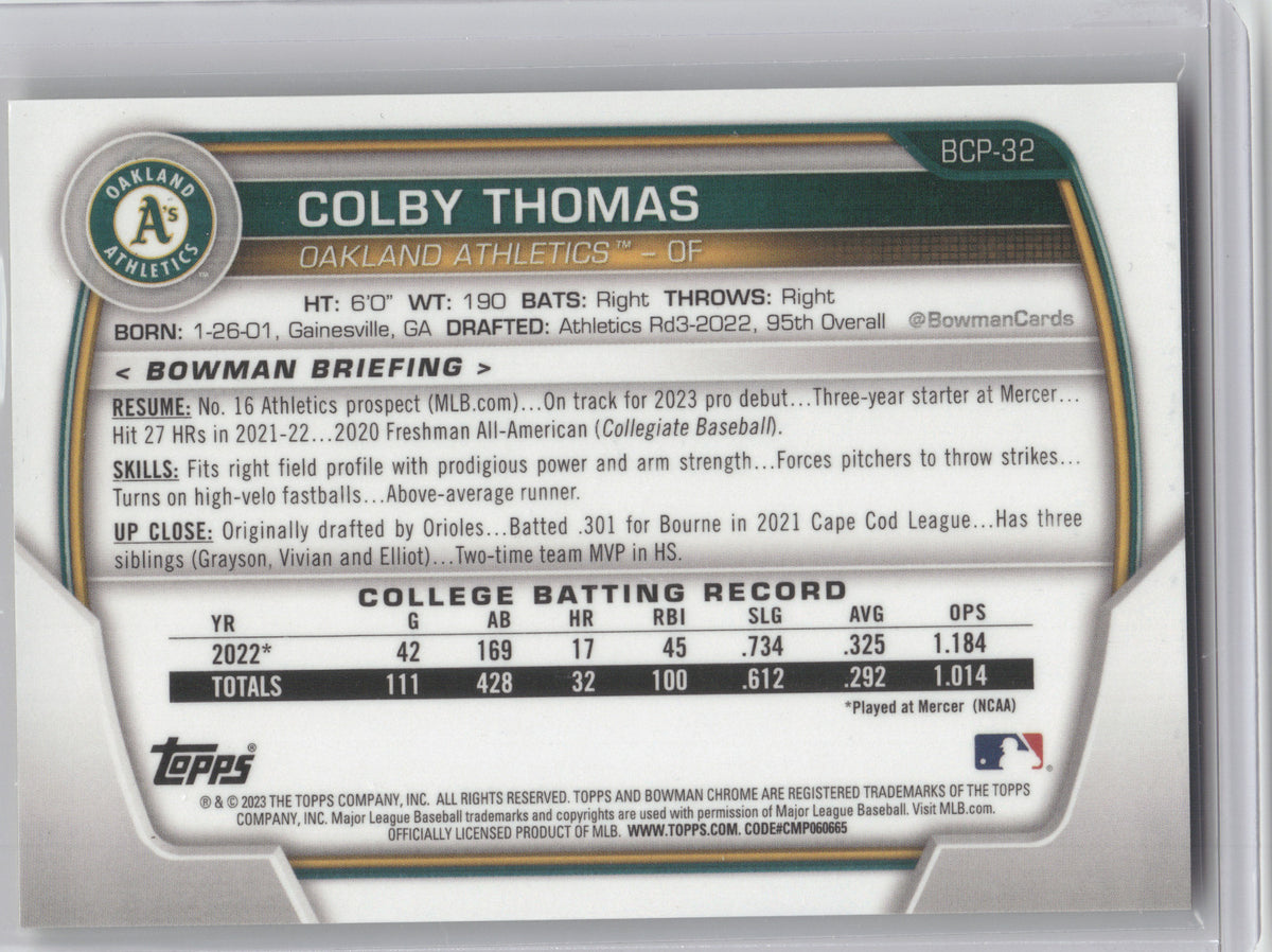2023 Bowman Chrome Colby Thomas #BCP-32 Yellow Refractor 26/75