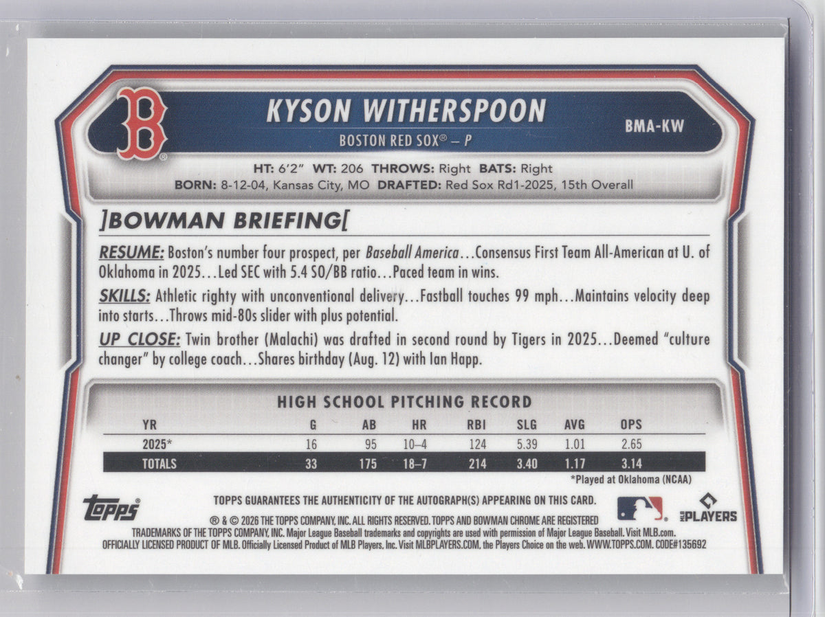 2026 Bowman Chrome Prospect Autograph Kyson Witherspoon #BMA-KW Mojo Refractor