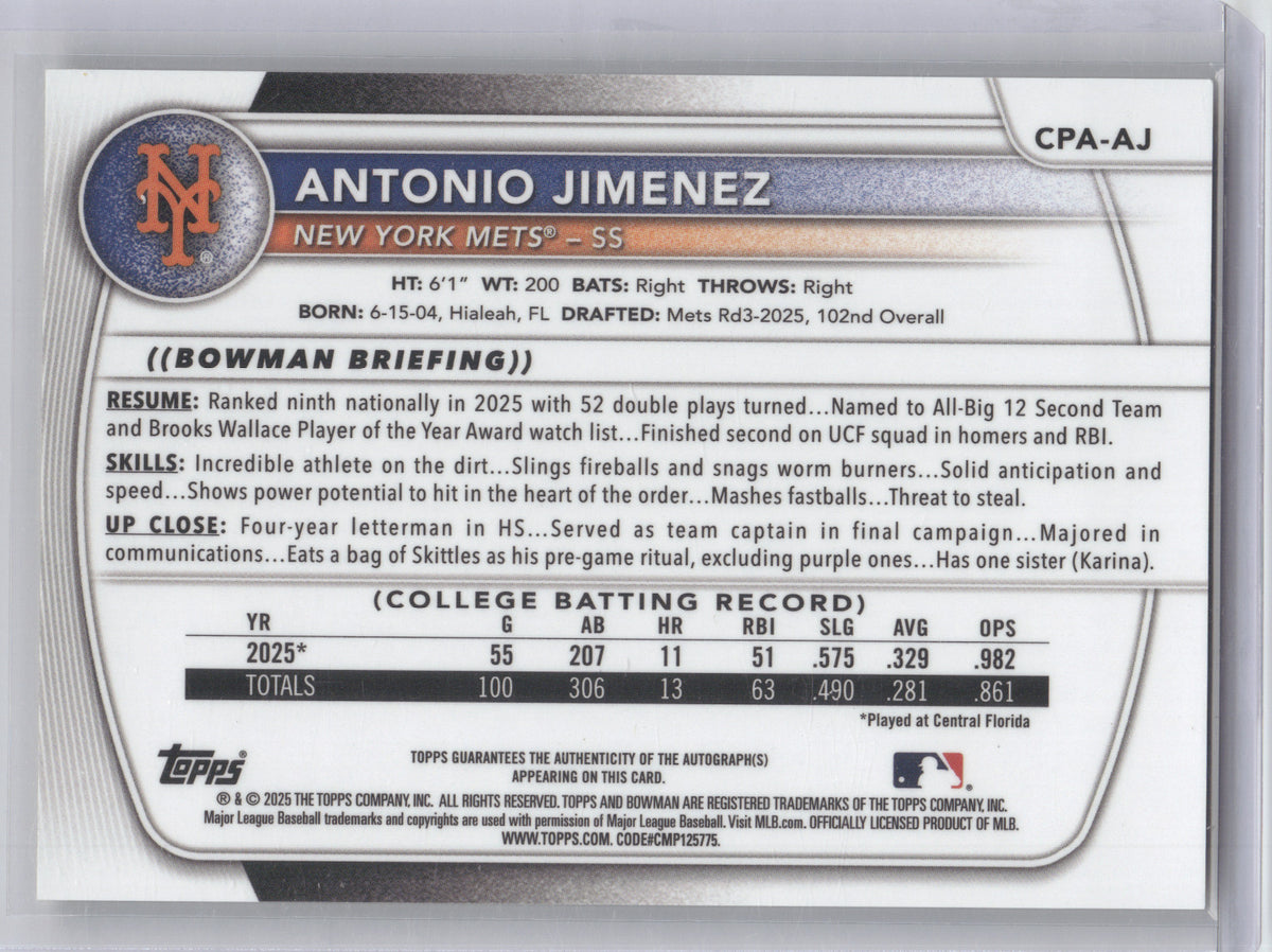 2025 Bowman Chrome Prospect Autograph Antonio Jimenez #CPA-AJ Yellow Ref. 47/75