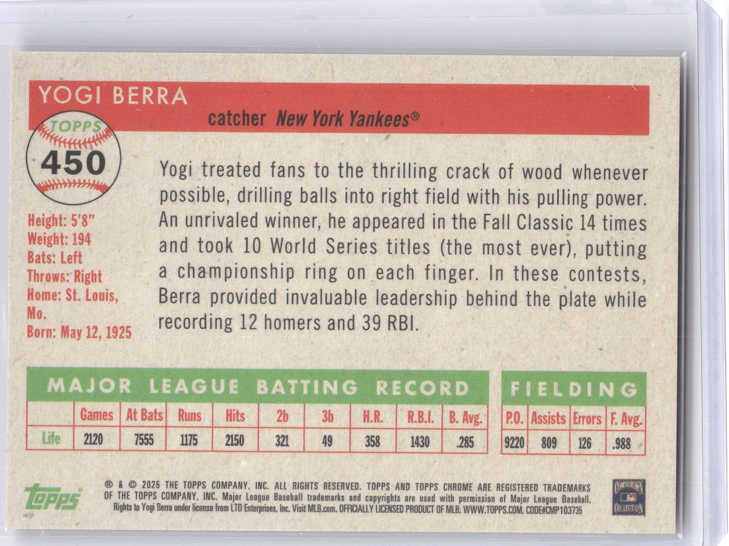 2025 Topps Chrome Platinum Yogi Berra #450 Orange 03/25
