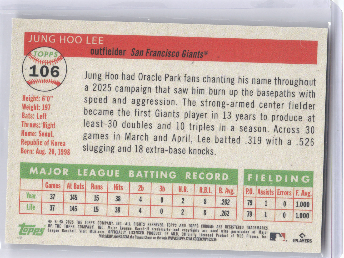 2025 Topps Chrome Pl;atinum Jung Hoo Lee #106 Gold Refractor 28/50