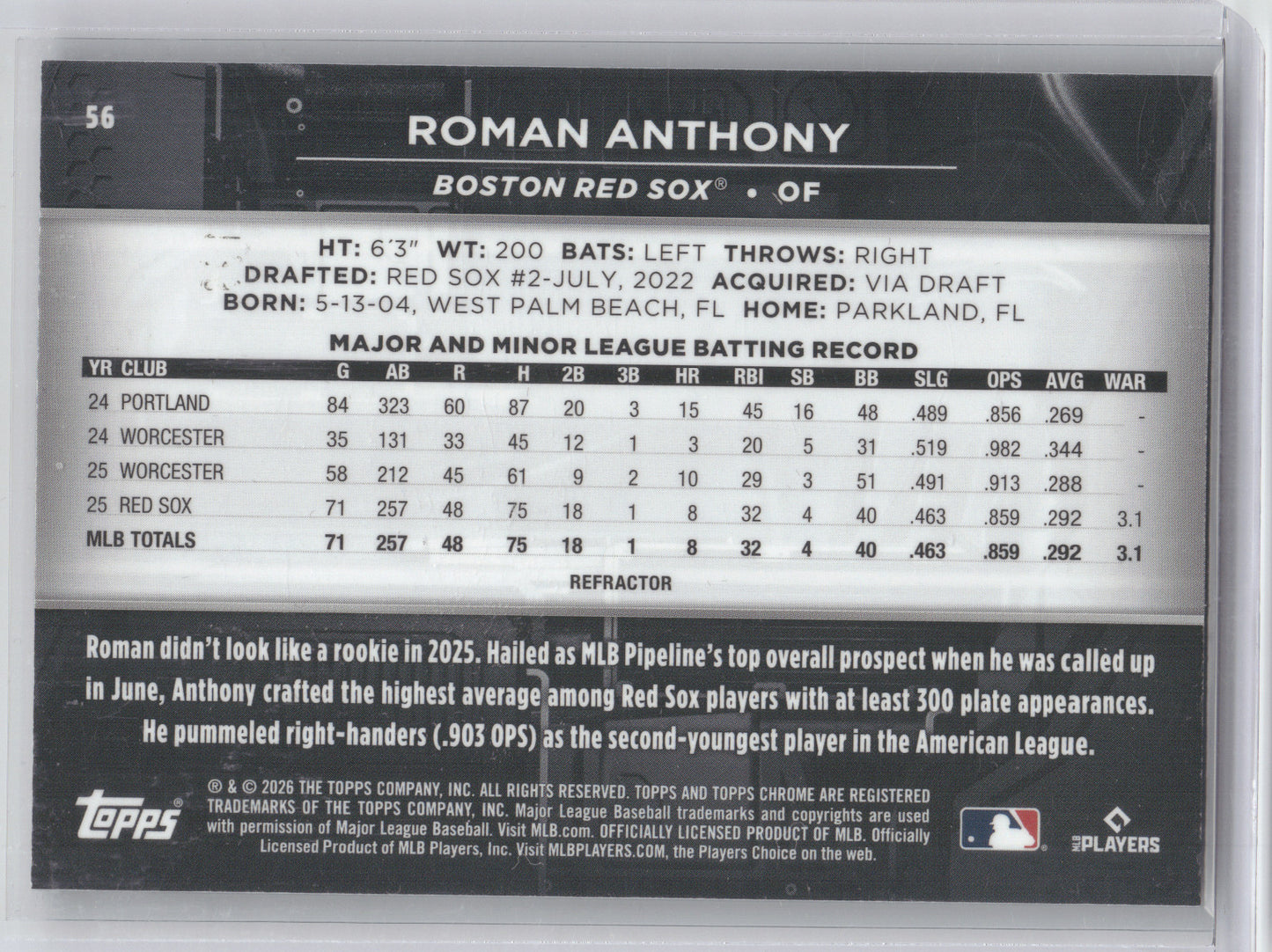2026 Topps Chrome Black Roman Anthony #56 Refractor 012/199 RC